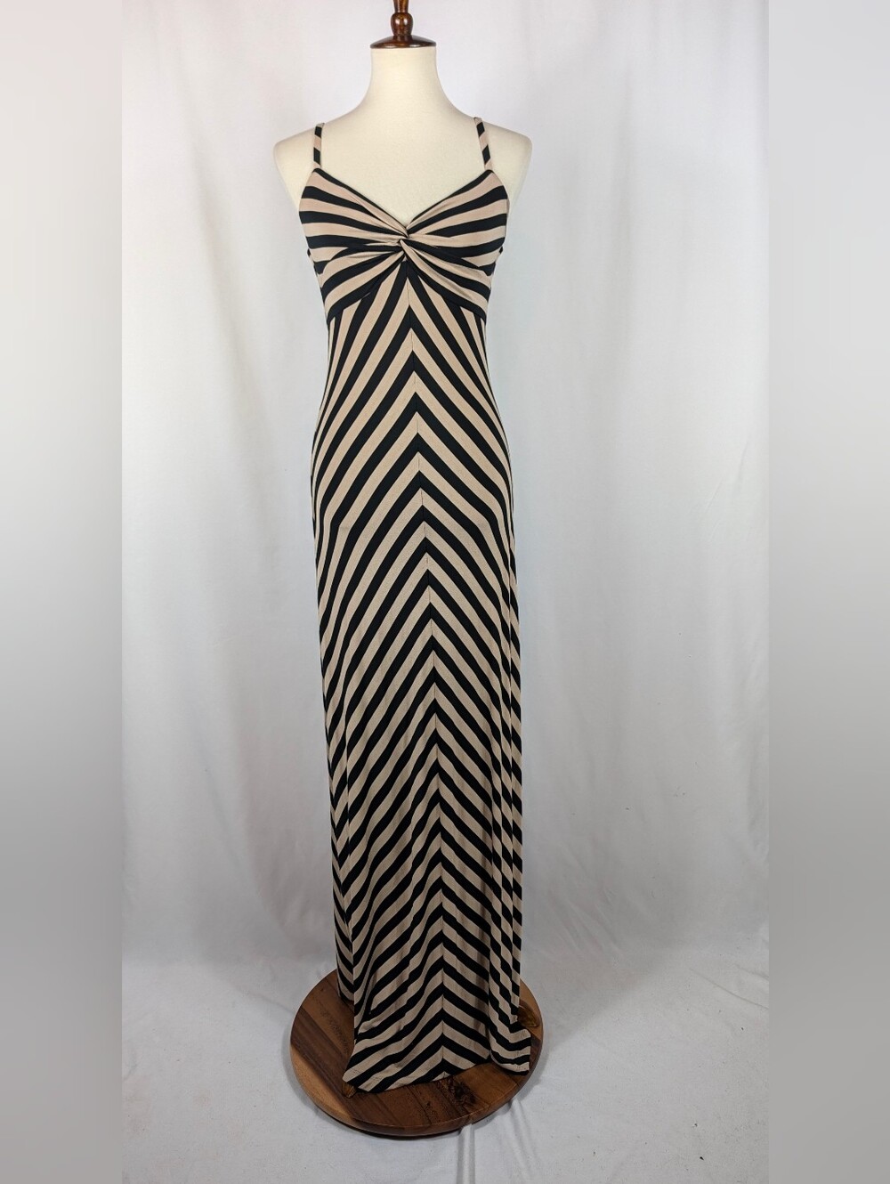 Soma Black Tan Chevron Striped Bandeau Maxi Dress Spaghetti Straps Womens Sz S